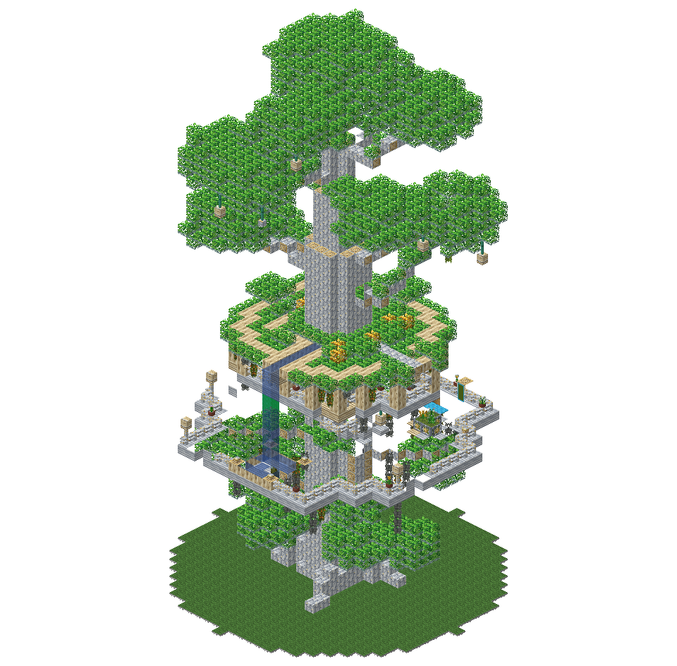Isometric render of an Elven village's central Mallorn: a railed lower deck with potted plants and lanterns, a stream falling from the Hall deck above, and the tree's wide crown.