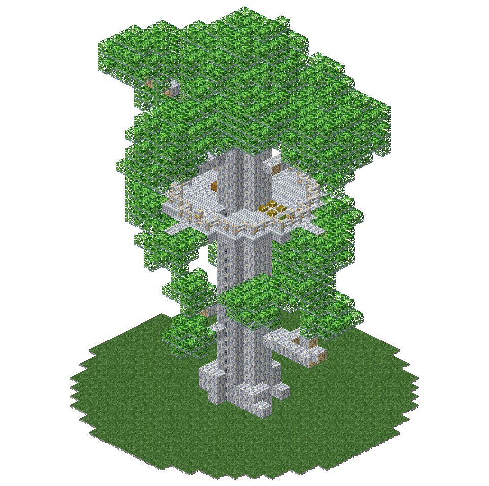 Isometric render of a furnished Great Mallorn: a silver trunk with a rope ladder rising to a railed flet platform beneath a broad green canopy.
